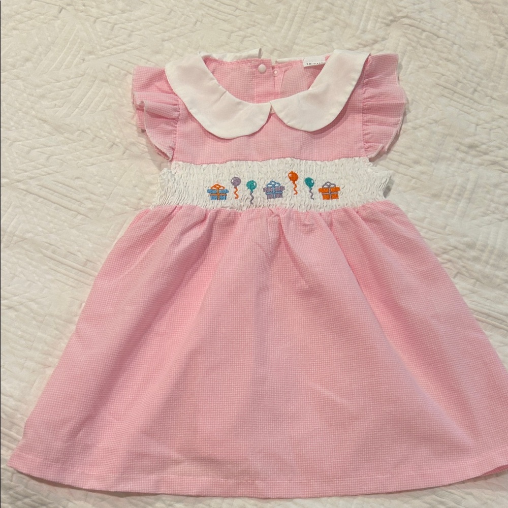 Toddler girls pink smocked embroidered birthday dress 18-24month